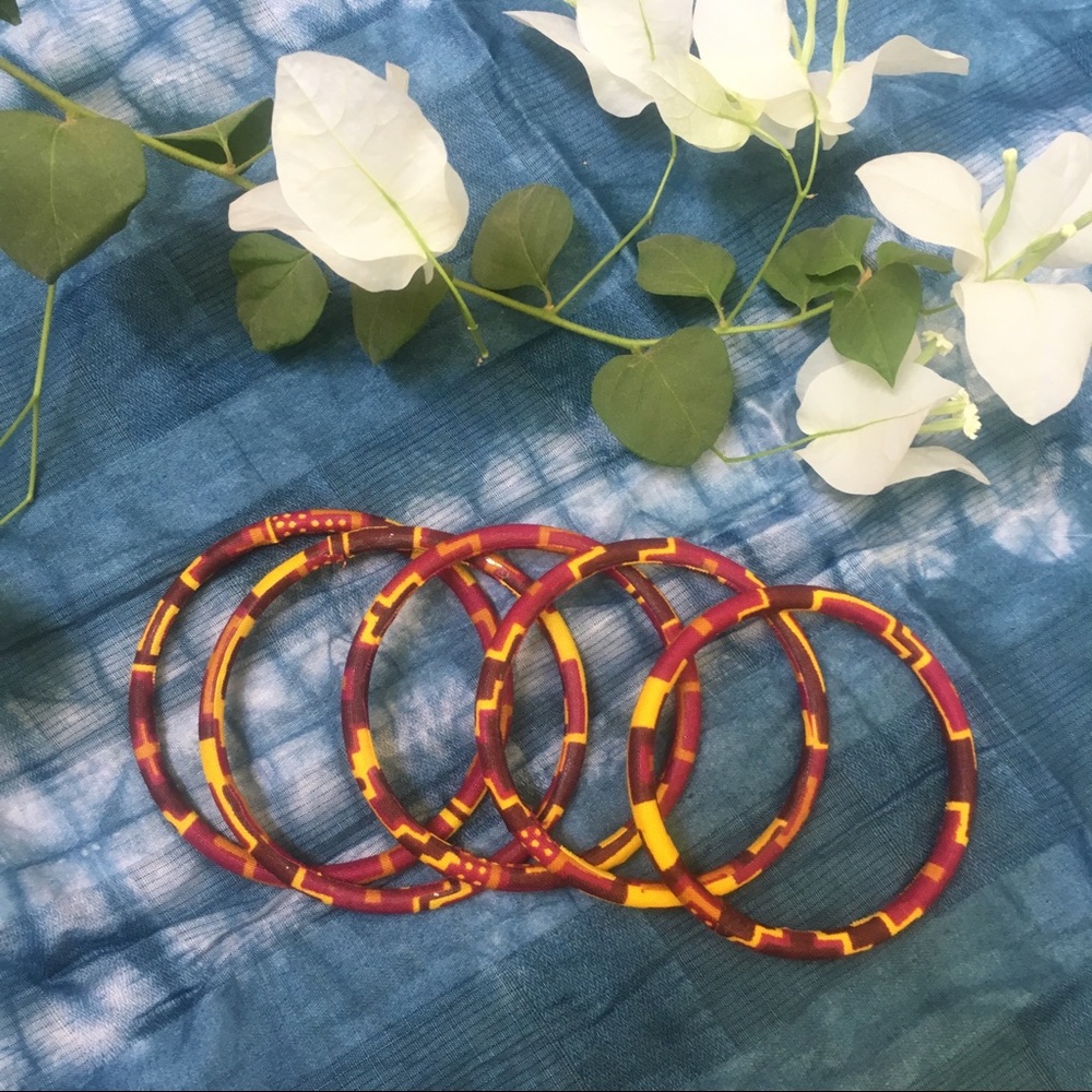 5 African wax print bracelets bangle set magenta
